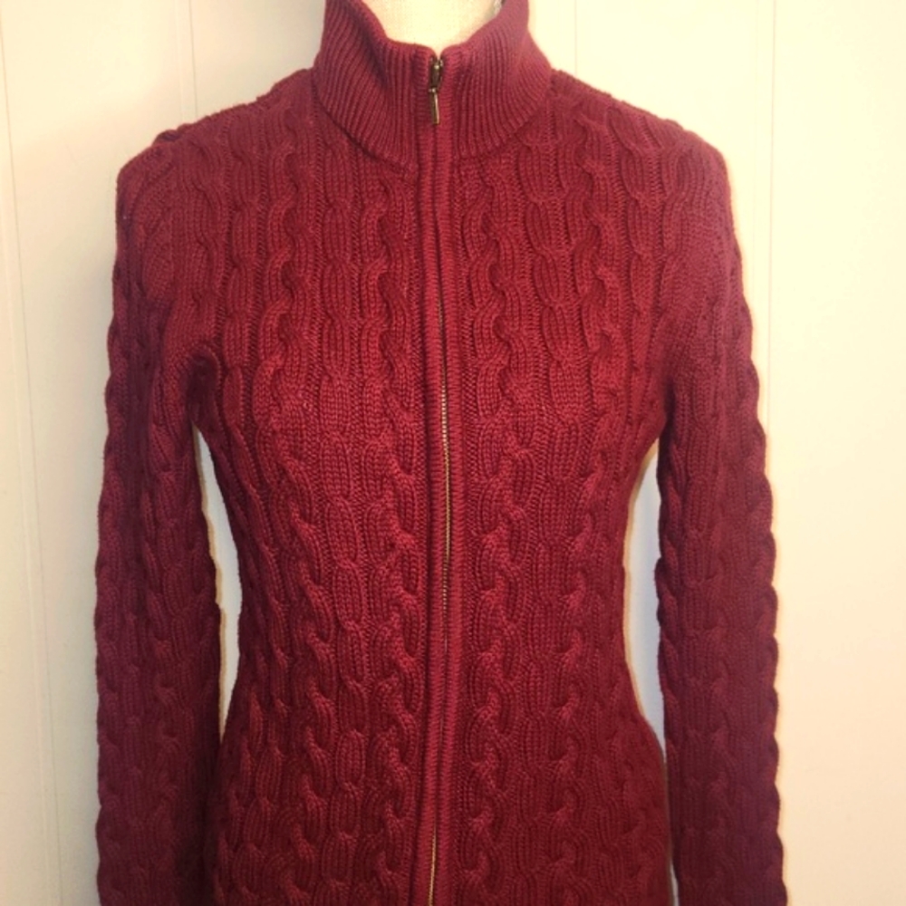 Vintage Fushia chunky Funnel  fisherman's cable knit zip Up cardigan sweater